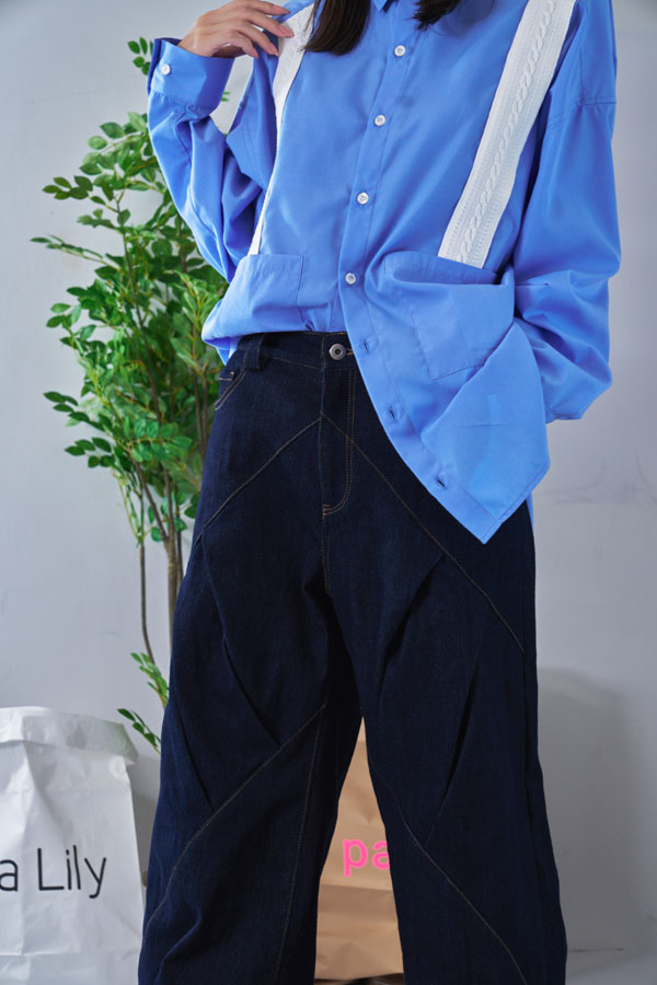 【Nora Lily】Tuck dimensional Wide Pants (UNISEX)-Indigo DENIM-224560058-92F