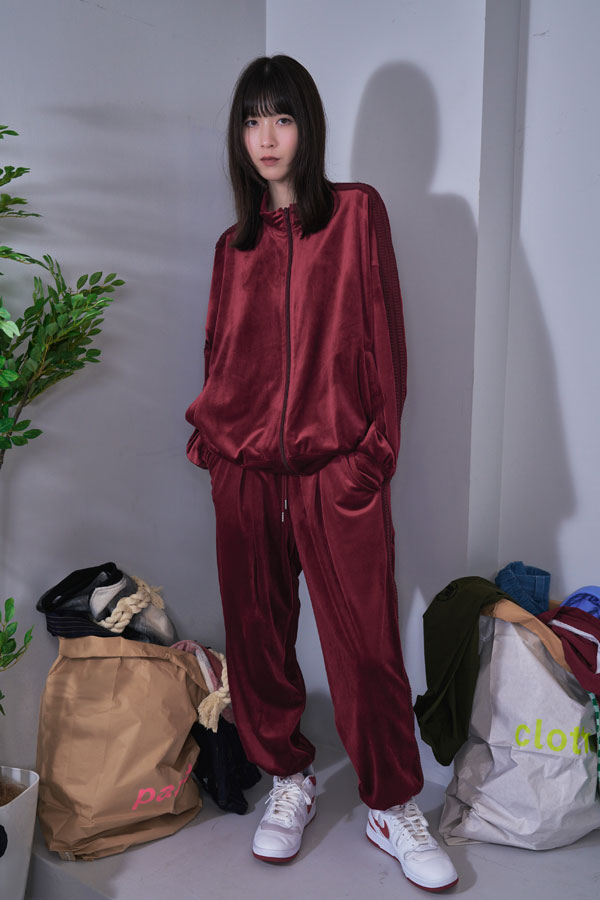 【Nora Lily】Wavy Line Track Pants (UNISEX)-BORDEAUX Velvet-224560059-69F