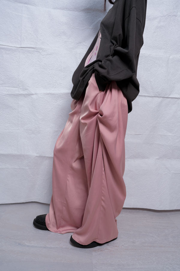 【Nora Lily】Mad Satin Flower Tuck Pants (UNISEX)-PINK-224560061-71F