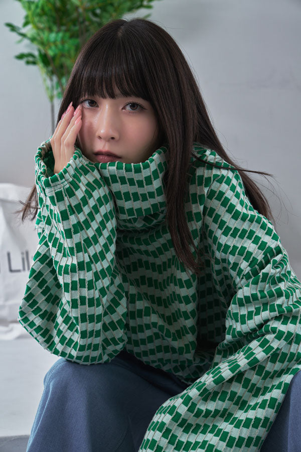 【Nora Lily】Patchwork Border Volume Neck Top (UNISEX)-GREEN Border-224580098-22F