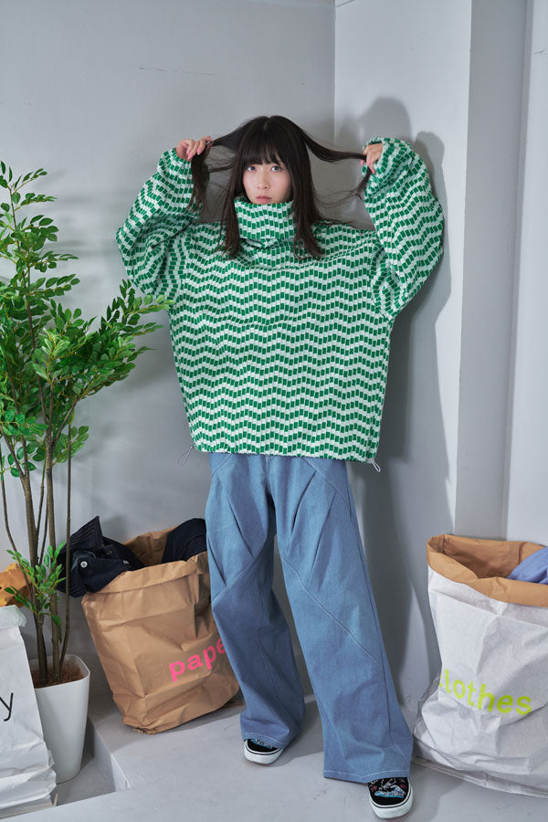 【Nora Lily】Patchwork Border Volume Neck Top (UNISEX)-GREEN Border-224580098-22F