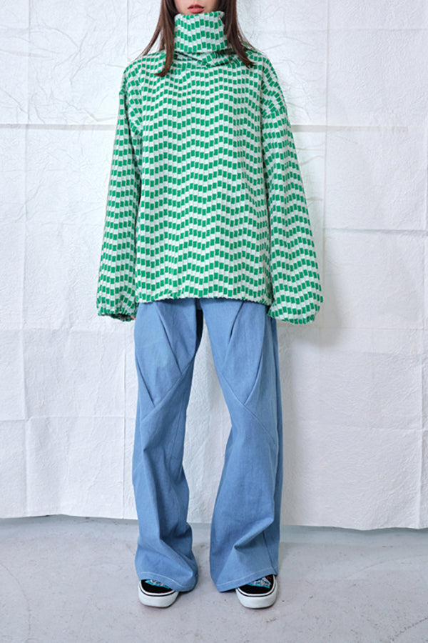 【Nora Lily】Patchwork Border Volume Neck Top (UNISEX)-GREEN Border-224580098-22F