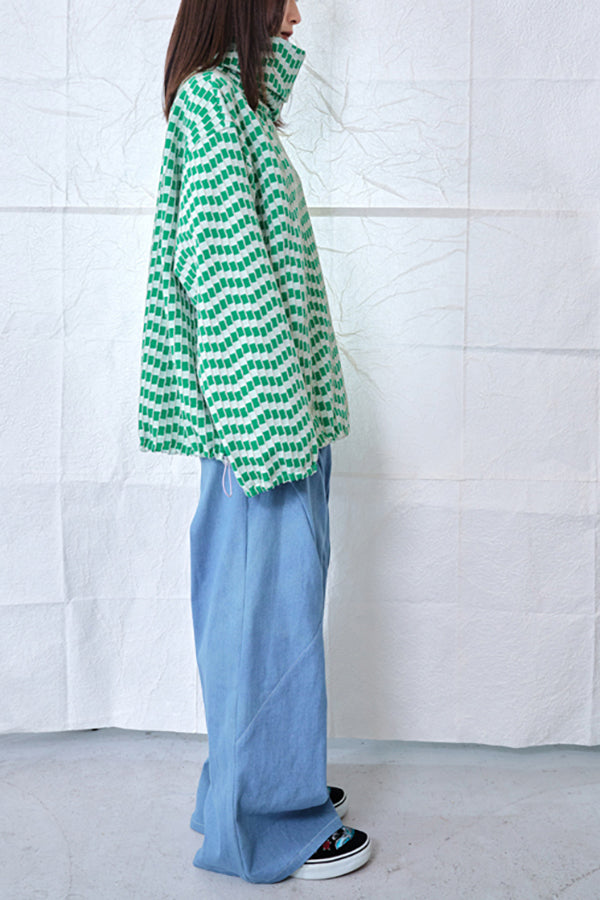 【Nora Lily】Patchwork Border Volume Neck Top (UNISEX)-GREEN Border-224580098-22F