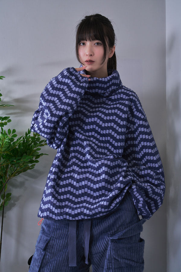 【Nora Lily】Patchwork Border Volume Neck Top (UNISEX)-BLUE Border-224580098-92F