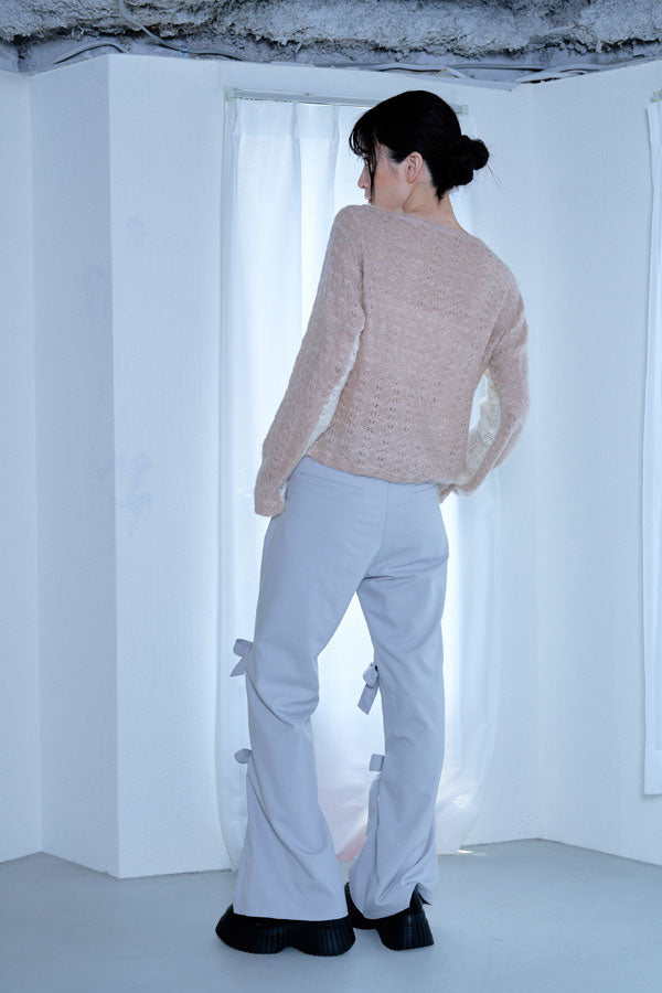 【Nora Lily】「elle」Bi-color Asymmetry Neck Kitting Top-White x Pink Beige-224580107-01F