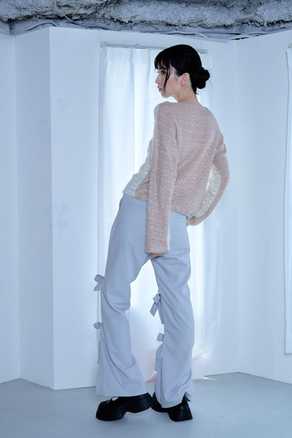 【Nora Lily】「elle」Bi-color Asymmetry Neck Kitting Top-White x Pink Beige-224580107-01F