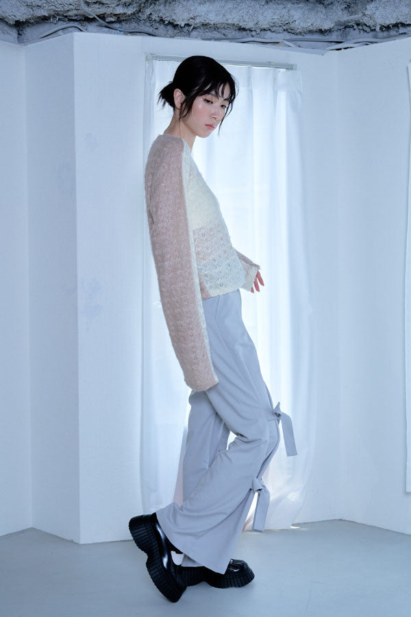 【Nora Lily】「elle」Bi-color Asymmetry Neck Kitting Top-White x Pink Beige-224580107-01F