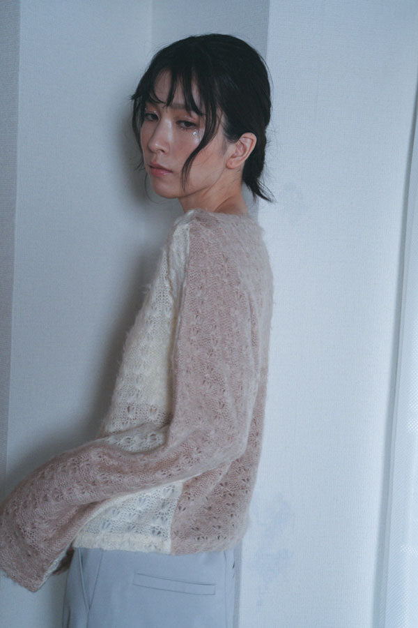 【Nora Lily】「elle」Bi-color Asymmetry Neck Kitting Top-White x Pink Beige-224580107-01F