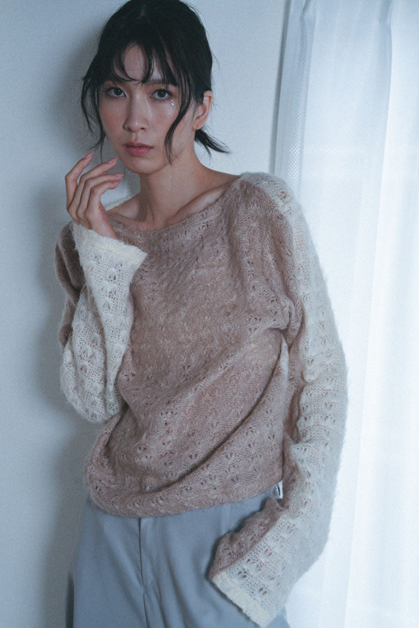 【Nora Lily】「elle」Bi-color Asymmetry Neck Kitting Top-White x Pink Beige-224580107-01F