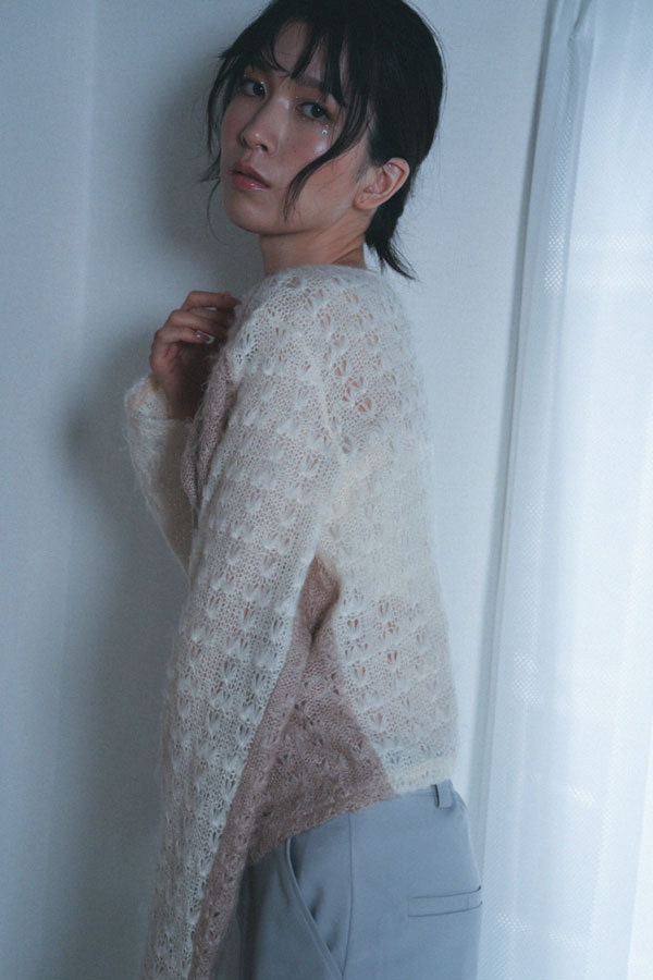 【Nora Lily】「elle」Bi-color Asymmetry Neck Kitting Top-White x Pink Beige-224580107-01F