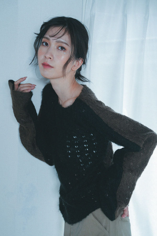 【Nora Lily】「elle」Bi-color Asymmetry Neck Kitting Top-Black x Moca-224580107-19F