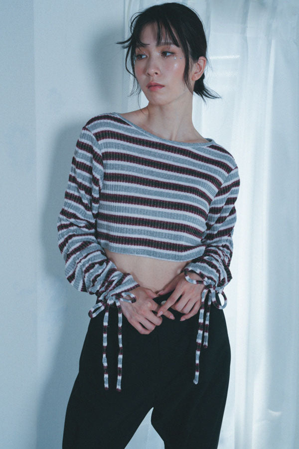 【Nora Lily】「elle」Shirring Sleeve Border Short Top-Light Grey Border-224580108-11F