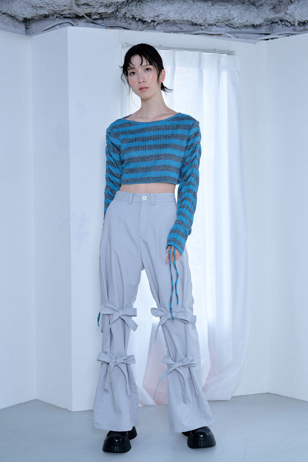 【Nora Lily】「elle」Shirring Sleeve Border Short Top-Blue Border-224580108-90F