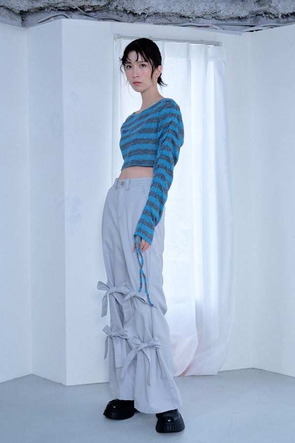 【Nora Lily】「elle」Shirring Sleeve Border Short Top-Blue Border-224580108-90F