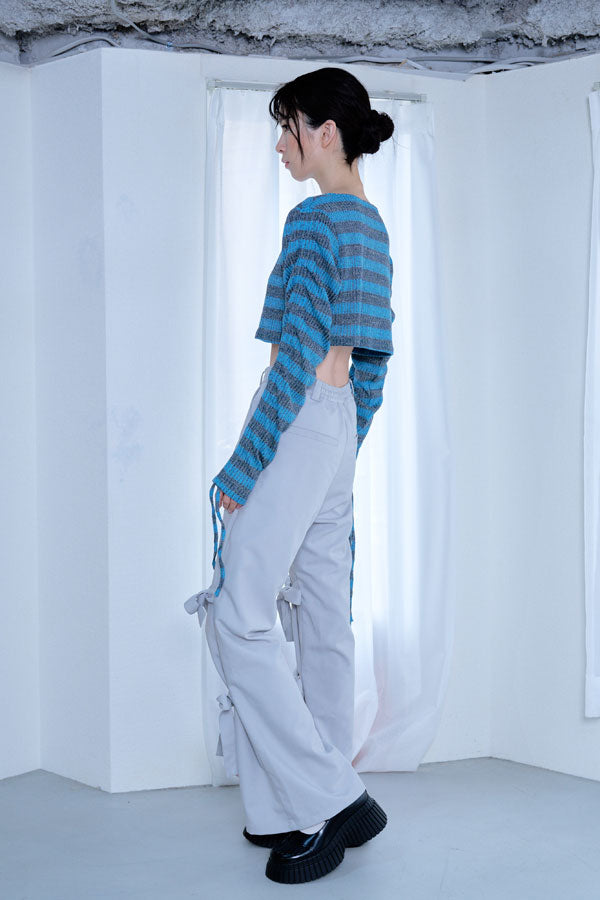 【Nora Lily】「elle」Shirring Sleeve Border Short Top-Blue Border-224580108-90F