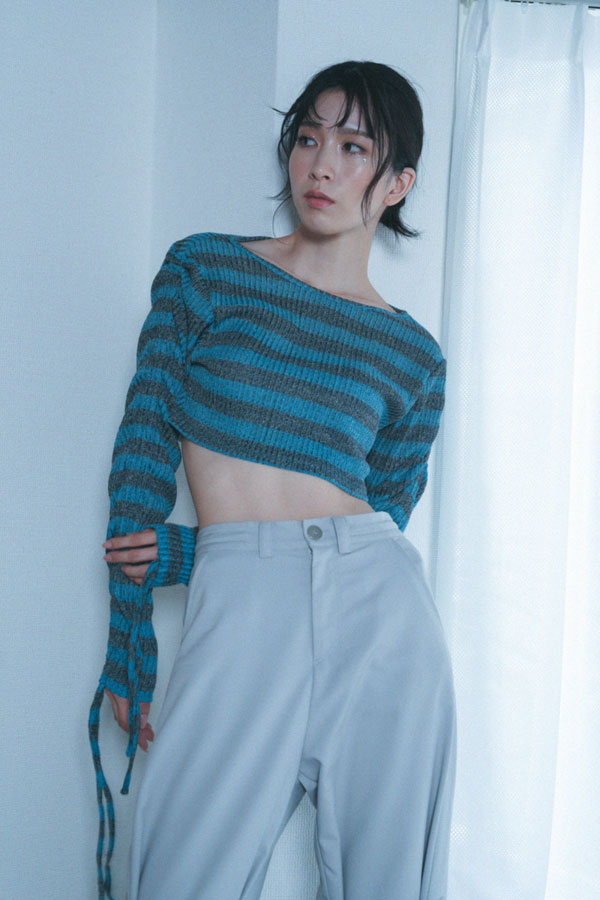 【Nora Lily】「elle」Shirring Sleeve Border Short Top-Blue Border-224580108-90F