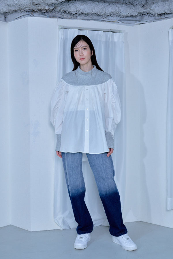 【Nora Lily】「elle」Kitting Blocking Hi-Neck Blouse-GREY x WHITE-224580112-12F