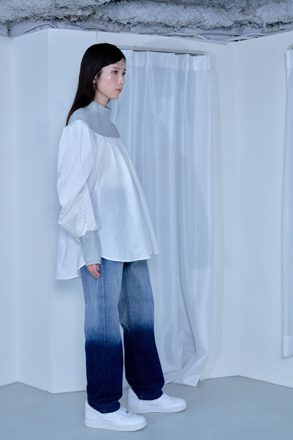 【Nora Lily】「elle」Kitting Blocking Hi-Neck Blouse-GREY x WHITE-224580112-12F