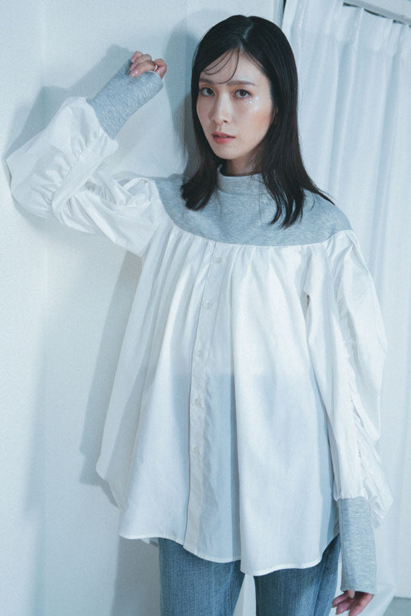 【Nora Lily】「elle」Kitting Blocking Hi-Neck Blouse-GREY x WHITE-224580112-12F