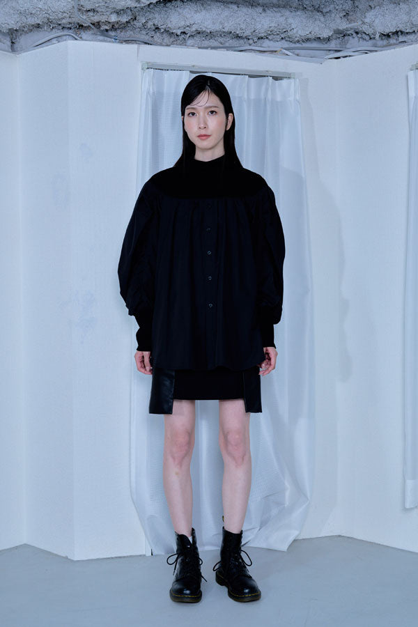 【Nora Lily】「elle」Kitting Blocking Hi-Neck Blouse-BLACK x BLACK-224580112-19F