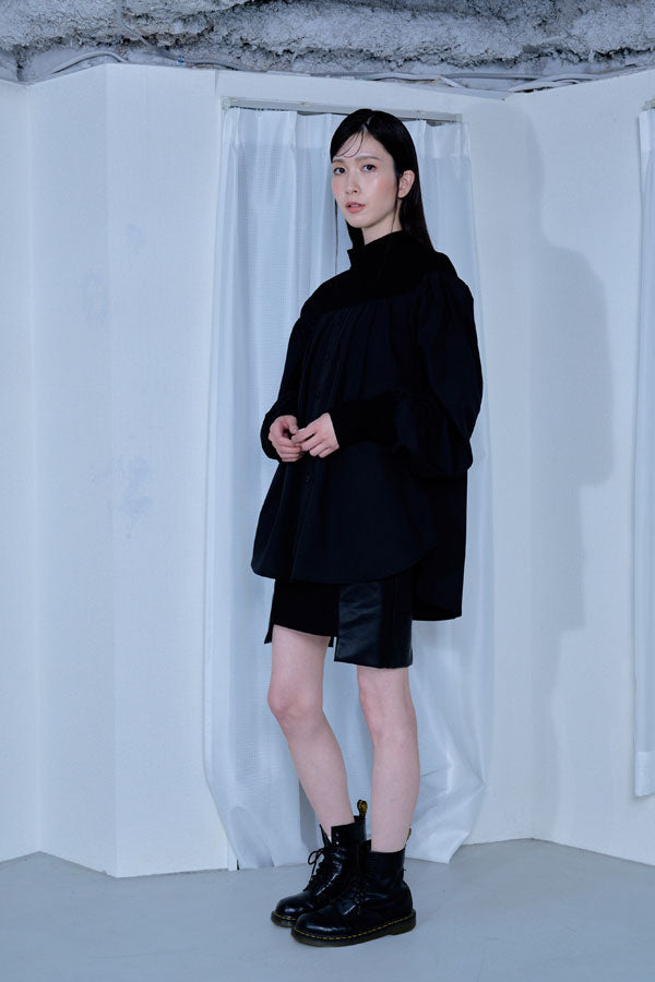 【Nora Lily】「elle」Kitting Blocking Hi-Neck Blouse-BLACK x BLACK-224580112-19F