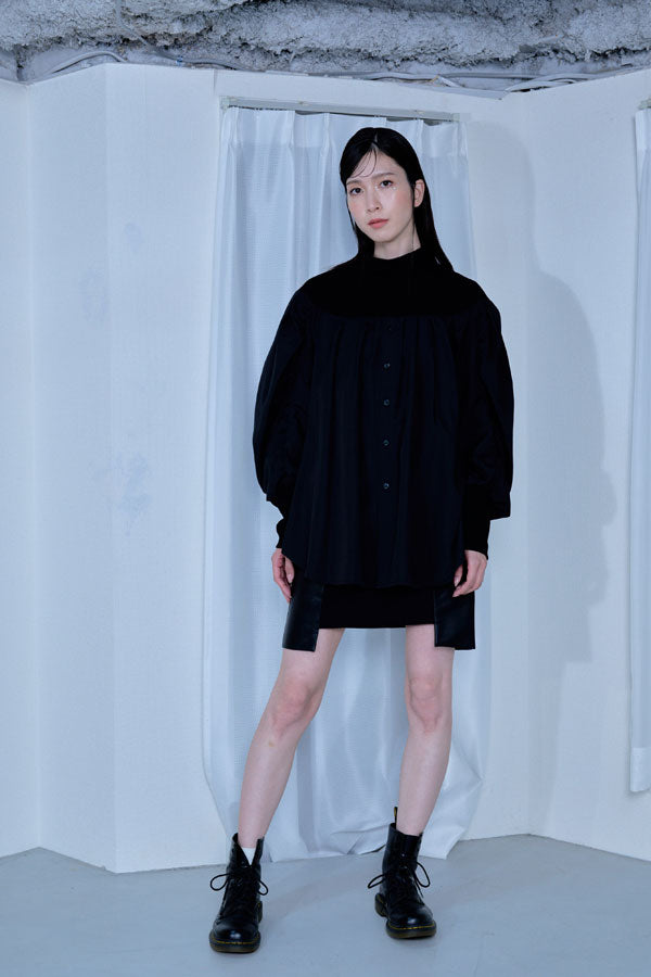 【Nora Lily】「elle」Kitting Blocking Hi-Neck Blouse-BLACK x BLACK-224580112-19F