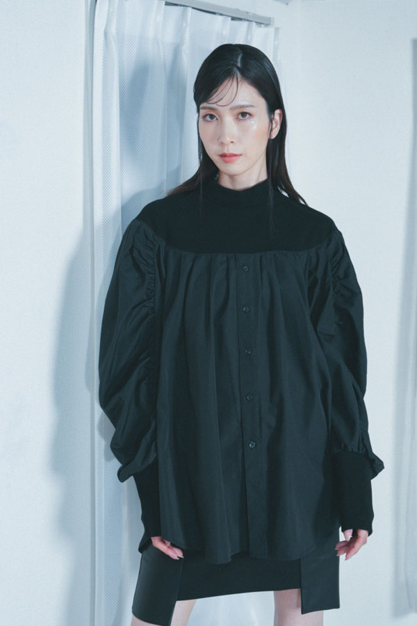 【Nora Lily】「elle」Kitting Blocking Hi-Neck Blouse-BLACK x BLACK-224580112-19F