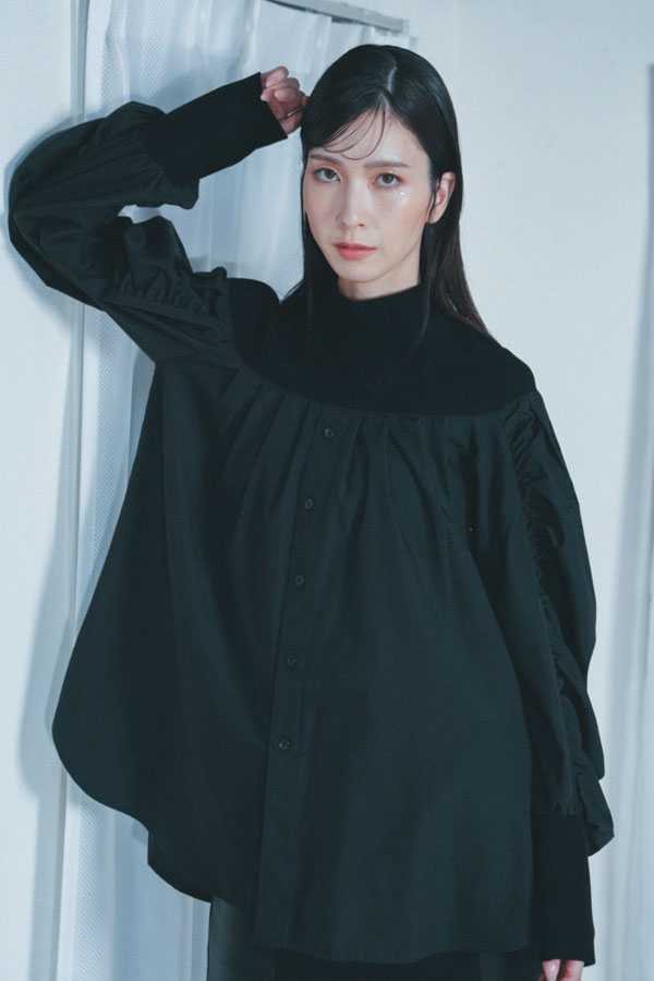 【Nora Lily】「elle」Kitting Blocking Hi-Neck Blouse-BLACK x BLACK-224580112-19F