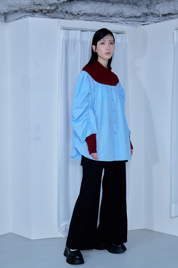 【Nora Lily】「elle」Kitting Blocking Hi-Neck Blouse-RED x SAX-224580112-65F