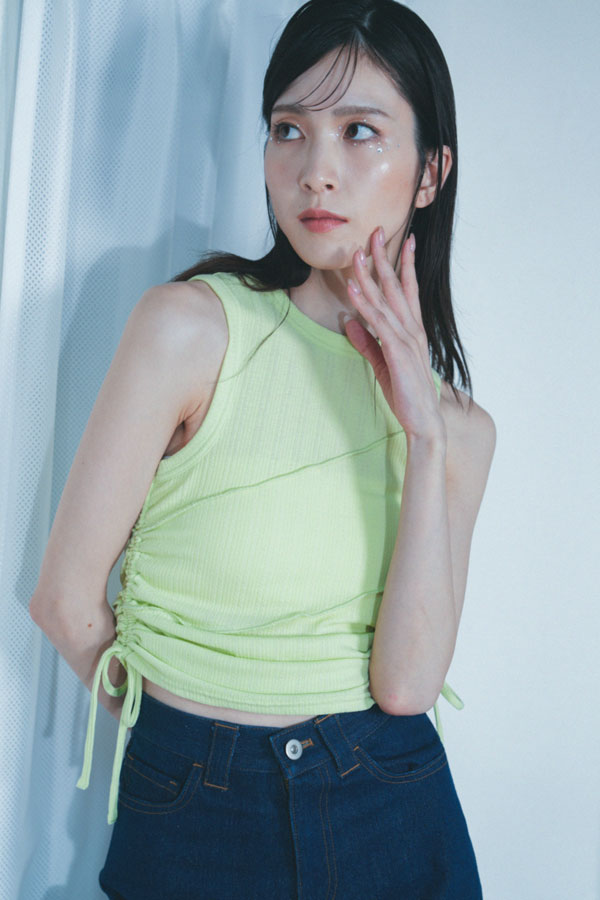 【Nora Lily】「elle」Bias Cutting Rib Sleeve-less Top-Lime YELLOW-224580113-31F