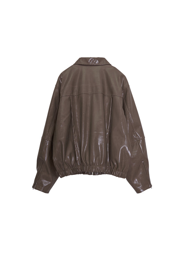 【Nora Lily】Dull Luster Fake Leather Blouson-Dark KHAKI-224742083-53F