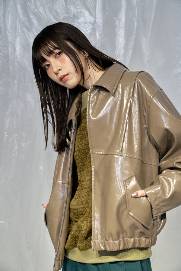 【Nora Lily】Dull Luster Fake Leather Blouson-Dark KHAKI-224742083-53F