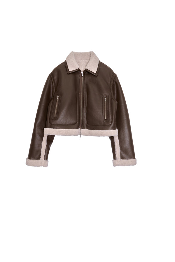 【Nora Lily】「elle」Boa Fake Leather Short Reversible Blouson-BROWN-224742086-42F