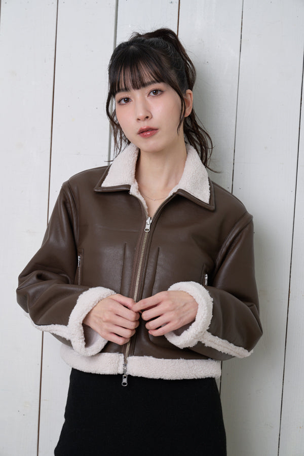 【Nora Lily】「elle」Boa Fake Leather Short Reversible Blouson-BROWN-224742086-42F