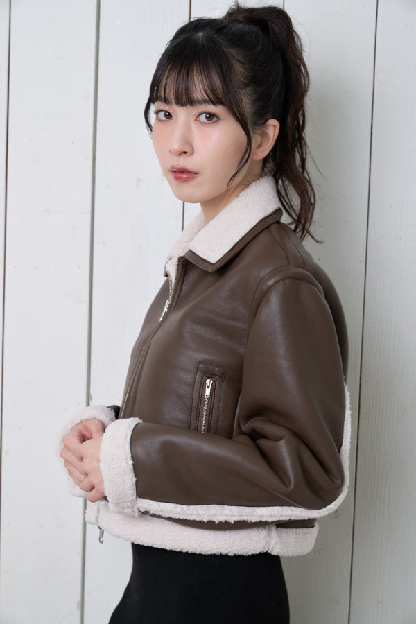 【Nora Lily】「elle」Boa Fake Leather Short Reversible Blouson-BROWN-224742086-42F