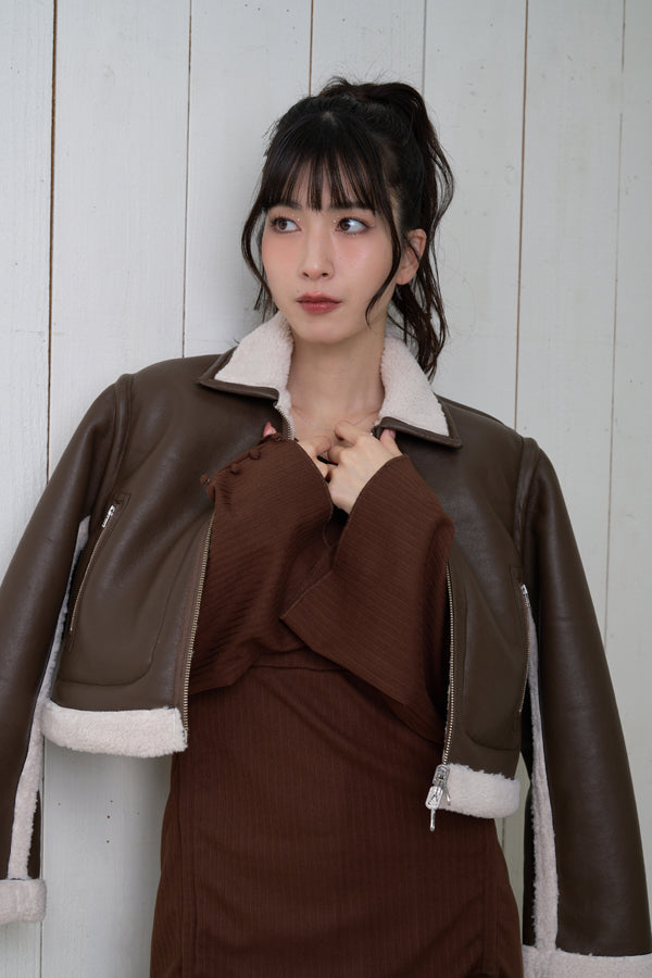 【Nora Lily】「elle」Boa Fake Leather Short Reversible Blouson-BROWN-224742086-42F