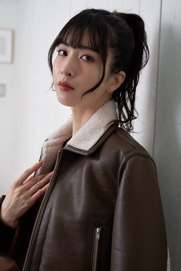 【Nora Lily】「elle」Boa Fake Leather Short Reversible Blouson-BROWN-224742086-42F