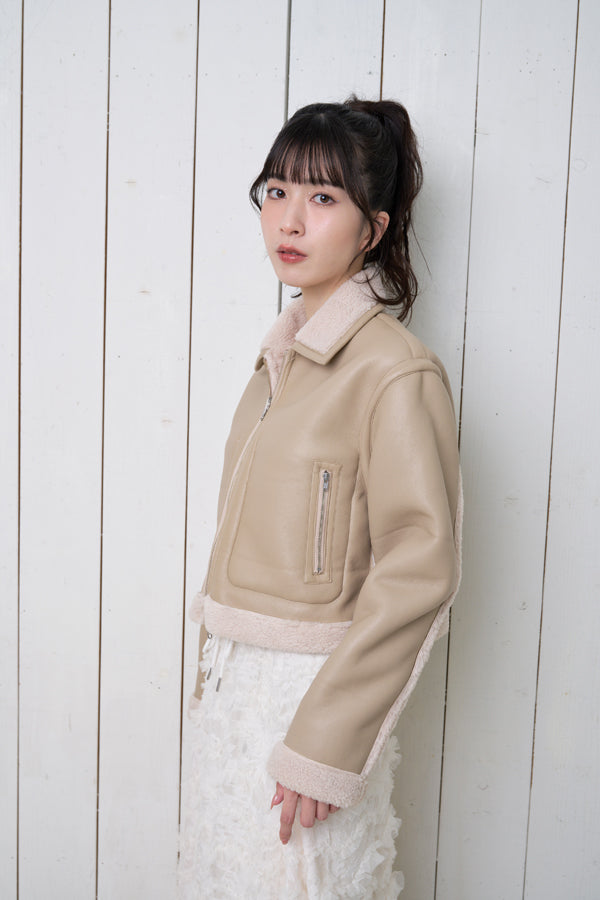 【Nora Lily】「elle」Boa Fake Leather Short Reversible Blouson-Light BEIGE-224742086-50F