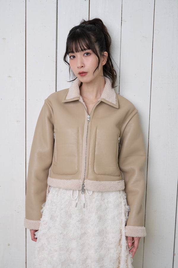 【Nora Lily】「elle」Boa Fake Leather Short Reversible Blouson-Light BEIGE-224742086-50F