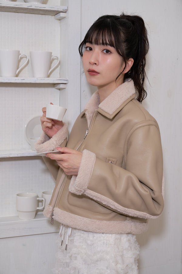 【Nora Lily】「elle」Boa Fake Leather Short Reversible Blouson-Light BEIGE-224742086-50F