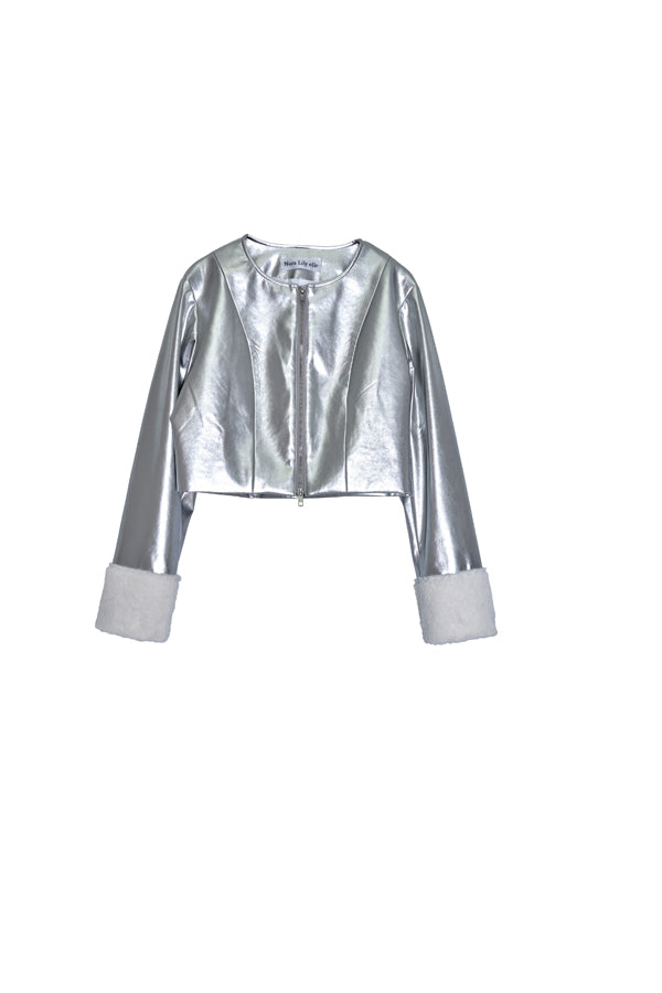 【Nora Lily】「elle」Shiny Fake Leather No-collar Compact Jacket-SILVER-224742091-06F