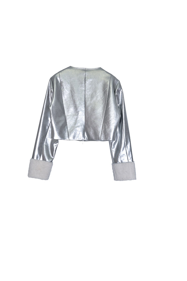 【Nora Lily】「elle」Shiny Fake Leather No-collar Compact Jacket-SILVER-224742091-06F