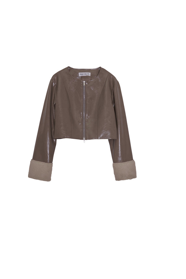 【Nora Lily】「elle」Shiny Fake Leather No-collar Compact Jacket-Dark KHAKI-224742091-53F