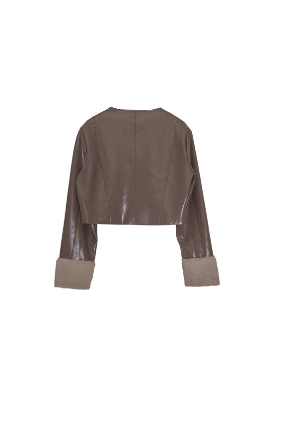 【Nora Lily】「elle」Shiny Fake Leather No-collar Compact Jacket-Dark KHAKI-224742091-53F