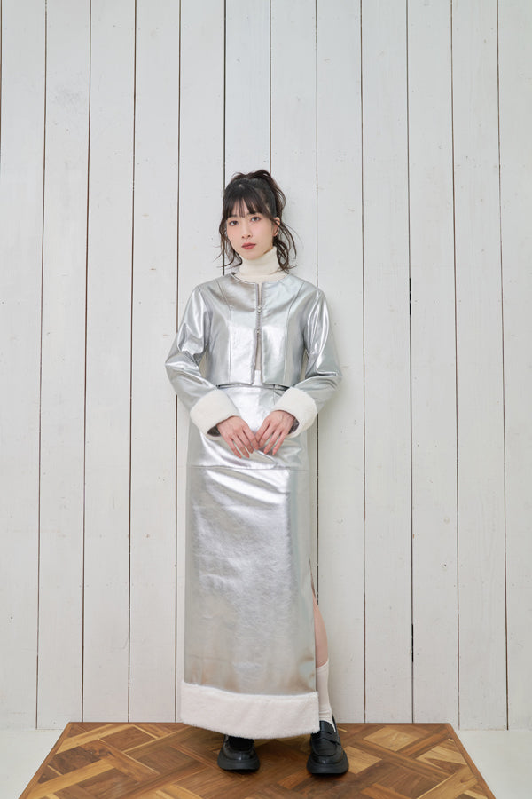 【Nora Lily】「elle」Shiny Fake Leather No-collar Compact Jacket-SILVER-224742091-06F