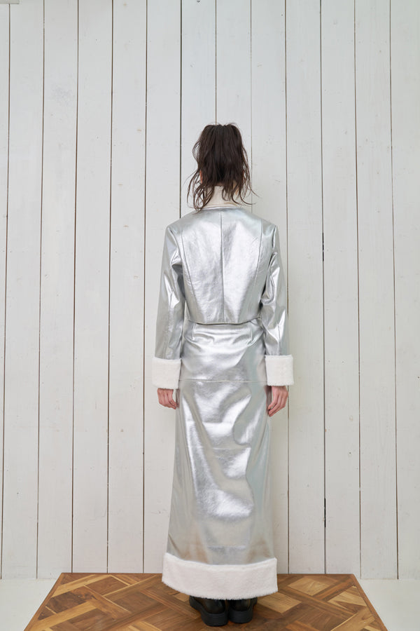 【Nora Lily】「elle」Shiny Fake Leather No-collar Compact Jacket-SILVER-224742091-06F