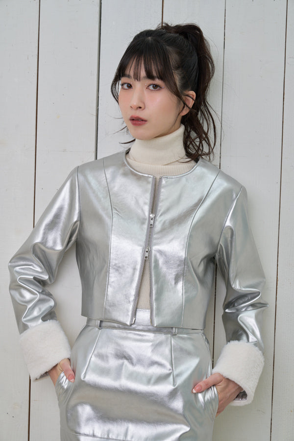 【Nora Lily】「elle」Shiny Fake Leather No-collar Compact Jacket-SILVER-224742091-06F