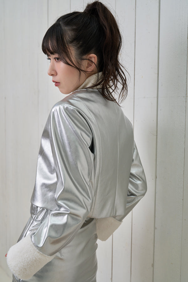 【Nora Lily】「elle」Shiny Fake Leather No-collar Compact Jacket-SILVER-224742091-06F