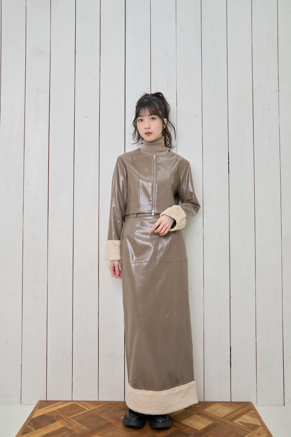 【Nora Lily】「elle」Shiny Fake Leather No-collar Compact Jacket-Dark KHAKI-224742091-53F