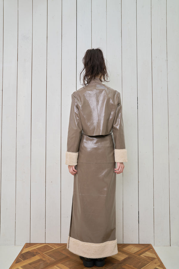 【Nora Lily】「elle」Shiny Fake Leather No-collar Compact Jacket-Dark KHAKI-224742091-53F